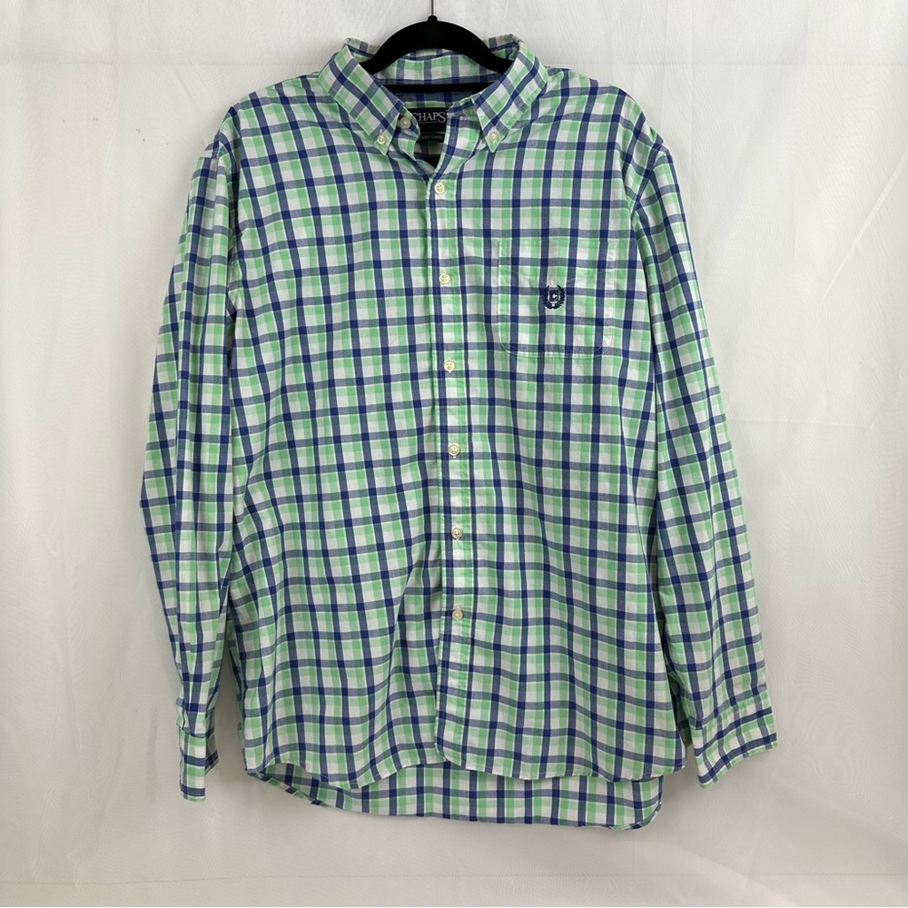 Chaps Easy Care Green Blue Plaid Button Down Shirt Size XL